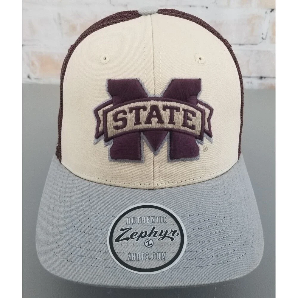 NWT Zephyr Mississipi State Bulldogs Beige/Red Snapback Hat/Cap Mesh